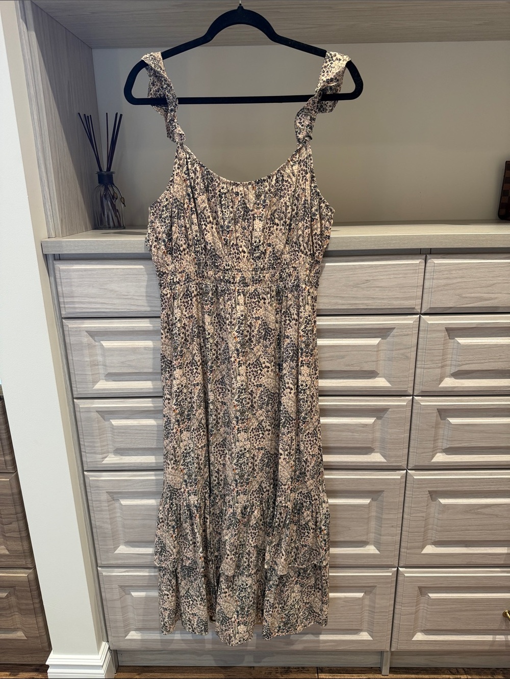 PAIGE Beige and Black Floral Smocked Maxi Dress